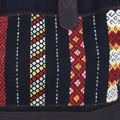 Handtasche aus Baumwolle mit Lederakzent - Schultertasche aus Tribal-Baumwolle mit Lederakzent