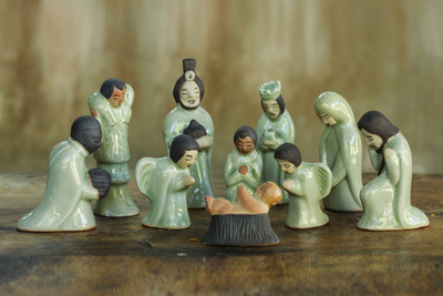 Celadon ceramic nativity scene, Siam Holy Birth in Green (set of 10)