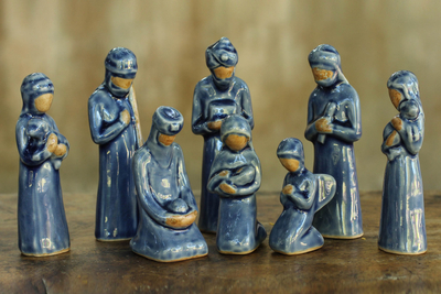 Celadon ceramic nativity scene, Thai Holy Birth in Blue (set of 8)