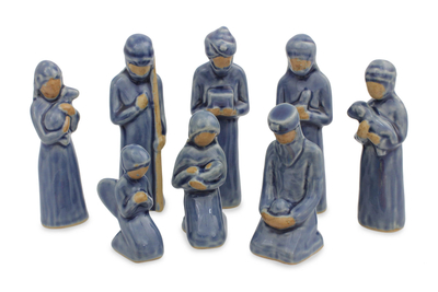 Celadon ceramic nativity scene, 'Thai Holy Birth in Blue' (set of 8) - Unique 8-piece Celadon Ceramic Nativity Scene
