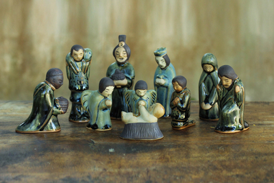 Celadon ceramic nativity scene, 'Iridescent Holy Birth' (10 pieces) - Unique 10-piece Ceramic Nativity Scene
