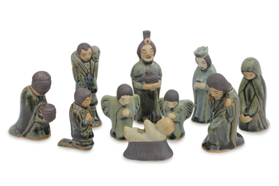 Celadon ceramic nativity scene, 'Iridescent Holy Birth' (10 pieces) - Unique 10-piece Ceramic Nativity Scene