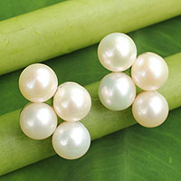 Cultured pearl button earrings, 'Luminous Purity