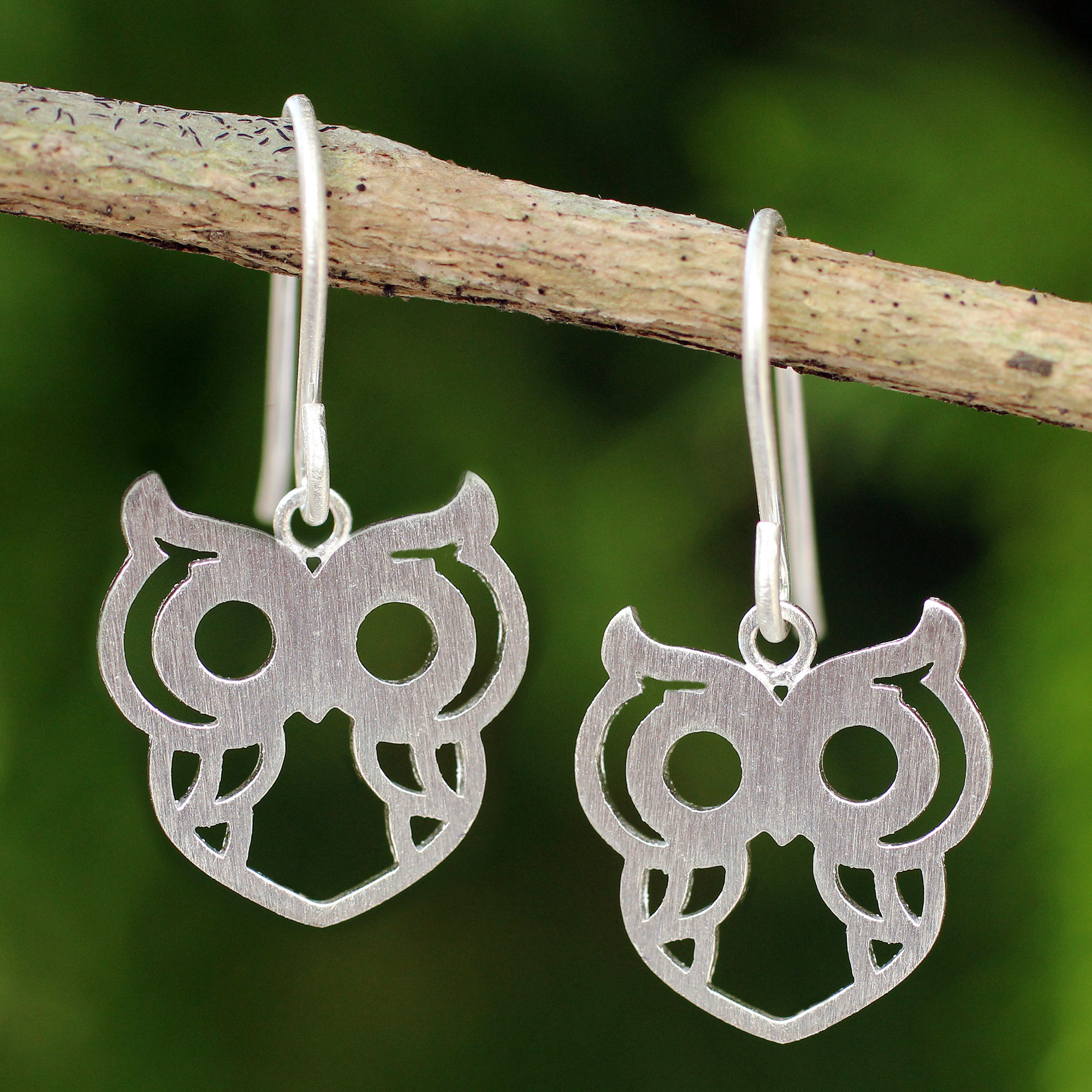 Artisan Crafted Silver Owl Earrings, 'Perky Owl'