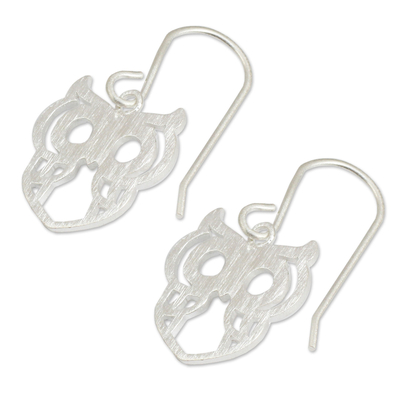 Sterling silver dangle earrings, 'Perky Owl' - Artisan Crafted Silver Owl Earrings