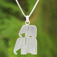 Sterling silver pendant necklace, 'Elephant Brothers' - Modern Silver Thai Elephant Necklace