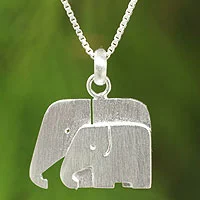 Sterling silver pendant necklace, 'Side by Side' - Brushed Silver Thai Elephant Necklace