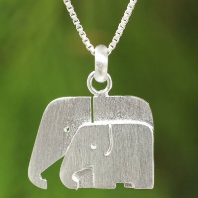 Sterling silver pendant necklace, 'Side by Side' - Brushed Silver Thai Elephant Necklace