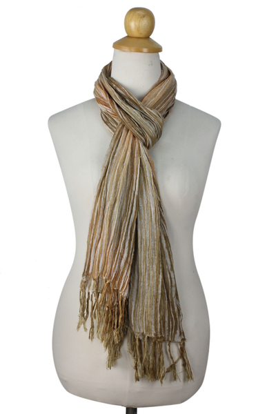 Cotton batik scarf, 'Earthen Paths' - Brown and White Cotton Batik Scarf