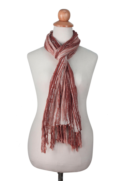Cotton batik scarf, 'Ginger Paths' - Orange and White Cotton Batik Scarf