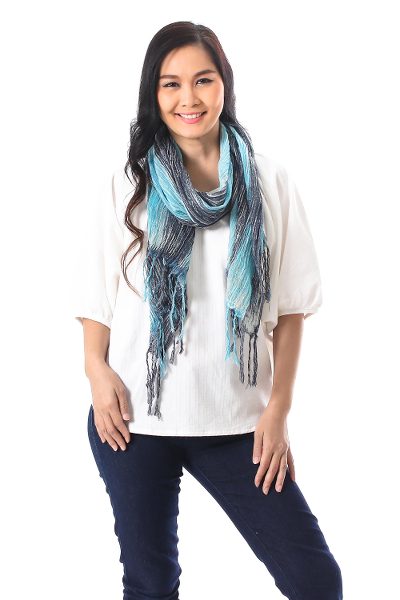 Cotton batik scarf, 'Azure Paths' - Blue and White Cotton Batik Scarf