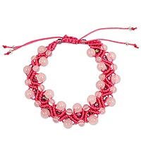 Rose quartz wristband bracelet, 'Waves' - Artisan Crafted Rose Quartz Wristband Bracelet