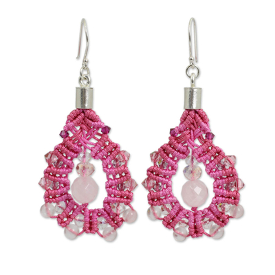 Rose quartz dangle earrings, 'Siam Serenade' - Artisan Crafted Rose Quartz Macrame Earrings