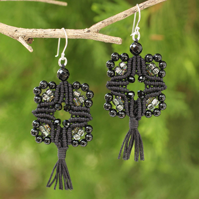 Onyx cross earrings, 'Chiang Mai Goth' - Artisan Crafted Onyx Macrame Earrings