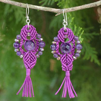 Amethyst dangle earrings, 'Purple Majesty' - Crocheted Amethyst Earrings Artisan Crafted Jewelry