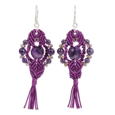 Amethyst dangle earrings, 'Purple Majesty' - Crocheted Amethyst Earrings Artisan Crafted Jewelry