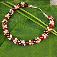 Cultured pearl and chalcedony beaded necklace, 'Divine Feminine' - Brown and Peach Pearls with Orange Chalcedony Necklace
