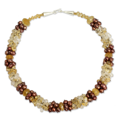 Halskette aus Zuchtperlen und Citrinperlen - Handgefertigte Halskette aus braunen Perlen und Citrin