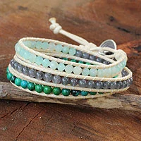 Pulsera envolvente de amazonita - Pulsera tailandesa de cuarzo y amazonita anudada a mano