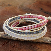 Rhodonite and quartz wrap bracelet, 'Beautiful Life' - Thai Hand Knotted Rhodonite and Quartz Wrap Bracelet