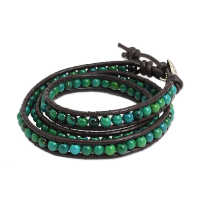 Serpentine wrap bracelet, 'Aegean' - Thai Hand Knotted Serpentine and Leather Wrap Bracelet