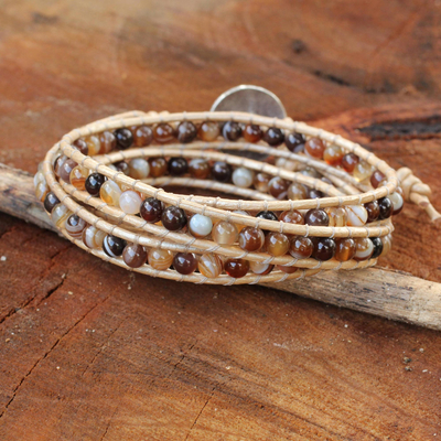Agate wrap bracelet, 'Natural Warmth' - Thai Hand Knotted Agate Wrap Bracelet