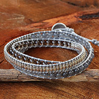 Smoky quartz wrap bracelet, 'Hill Tribe Mist' - Thai Handmade Smoky Quartz Bracelet with Hill Tribe Silver