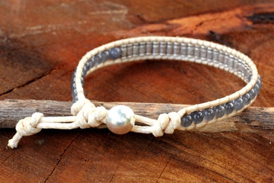 Silver wristband bracelet, 'Memorable' - Hand Crafted Thai Hill Tribe Silver Smoky Quartz Bracelet