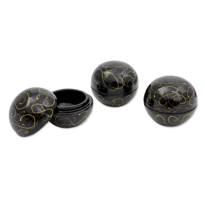 Lacquered wood boxes, 'Golden Universe' (set of 3) - Handcrafted Lacquered Wood Round Decorative Boxes (set of 3)