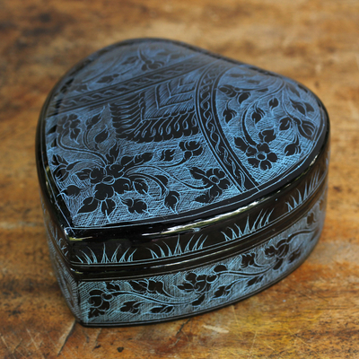 Lacquered wood box, 'Blue Floral Heart' - Thai Blue and Black Lacquered Wood Heart Box