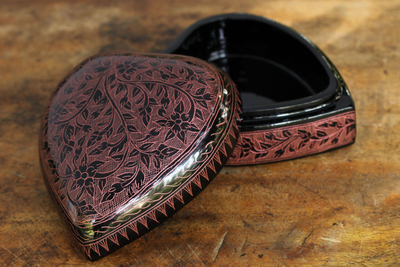 Lacquered wood box, 'Pink Floral Heart' - Thai Pink and Black Lacquered Wood Heart Box
