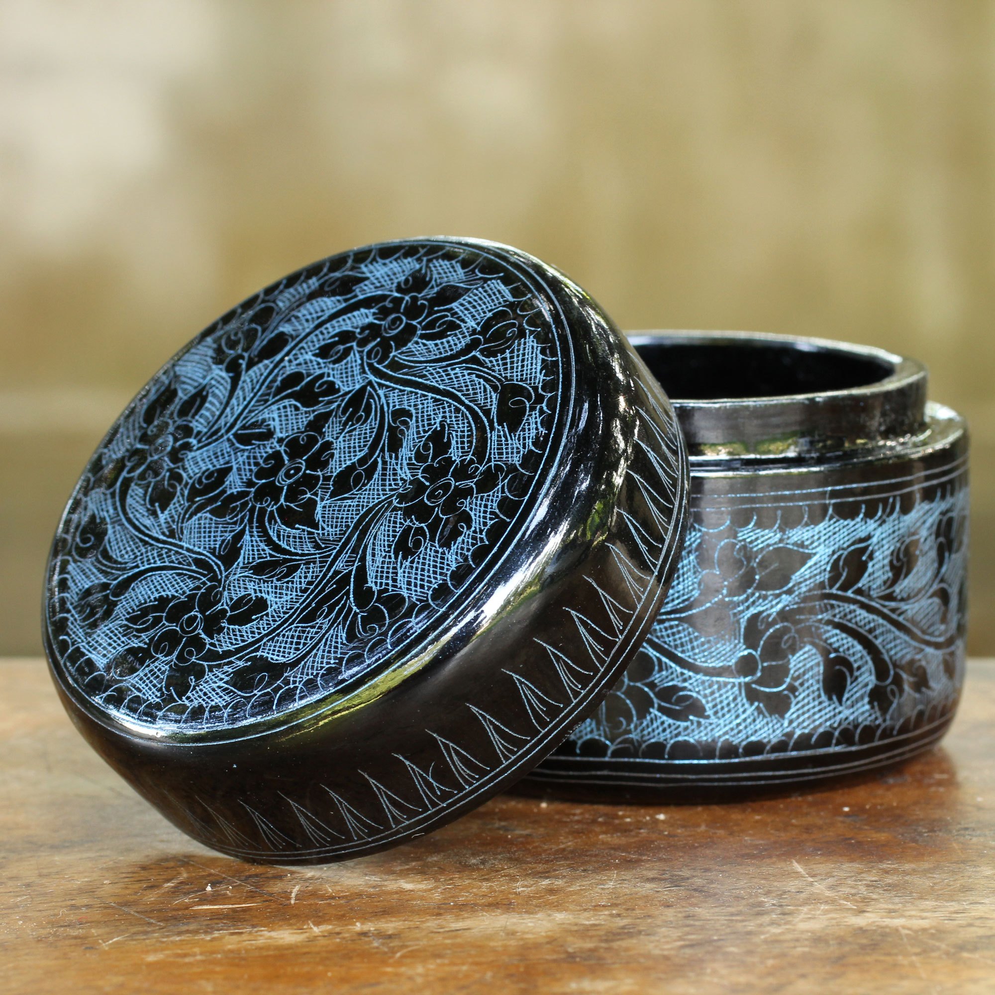 Round Decorative Box Handcrafted Lacquered Wood Exotic Blue Flora
