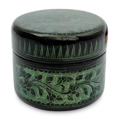 Lacquered wood box, 'Exotic Green Flora' - Handcrafted Lacquered Wood Round Decorative Box
