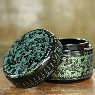Lacquered wood box, 'Exotic Green Flora' - Handcrafted Lacquered Wood Round Decorative Box