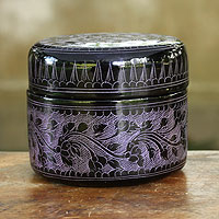 Lacquered wood box, 'Exotic Purple Flora'