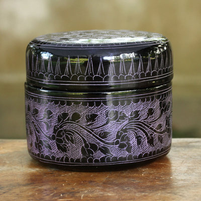 Lacquered wood box, 'Exotic Purple Flora' - Handcrafted Lacquered Wood Round Decorative Box