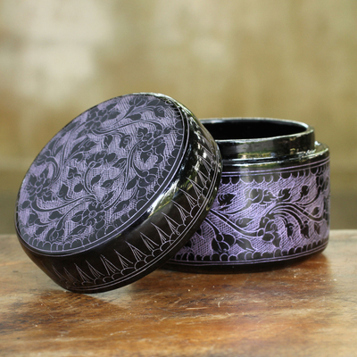 Lacquered wood box, 'Exotic Purple Flora' - Handcrafted Lacquered Wood Round Decorative Box