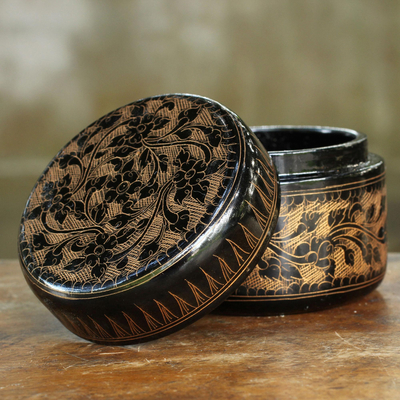 Lacquered wood box, 'Exotic Golden Flora' - Round Decorative Box Handcrafted Lacquered Wood