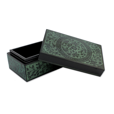 Lacquered wood box, 'Jade Bouquet' - Green on Black Lacquered Decorative Box