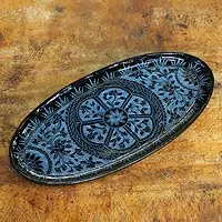 Lacquered wood catchall tray, 'Floral Medallion' - Blue on Black Lacquered Catchall Tray