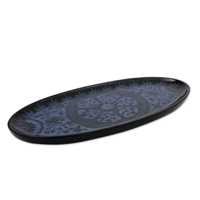 Lacquered wood catchall tray, 'Floral Medallion' - Blue on Black Lacquered Catchall Tray
