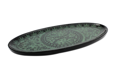 Lacquered wood catchall tray, 'Florid Fantasy' - Green on Black Lacquered Catchall Tray