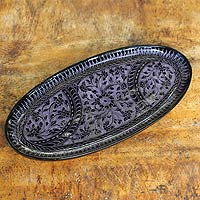 Purple on Black Lacquered Wood Catchall Tray,'Purple Wilderness'