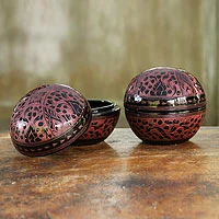 Lacquered wood boxes, 'Pink Wildflowers' (pair)