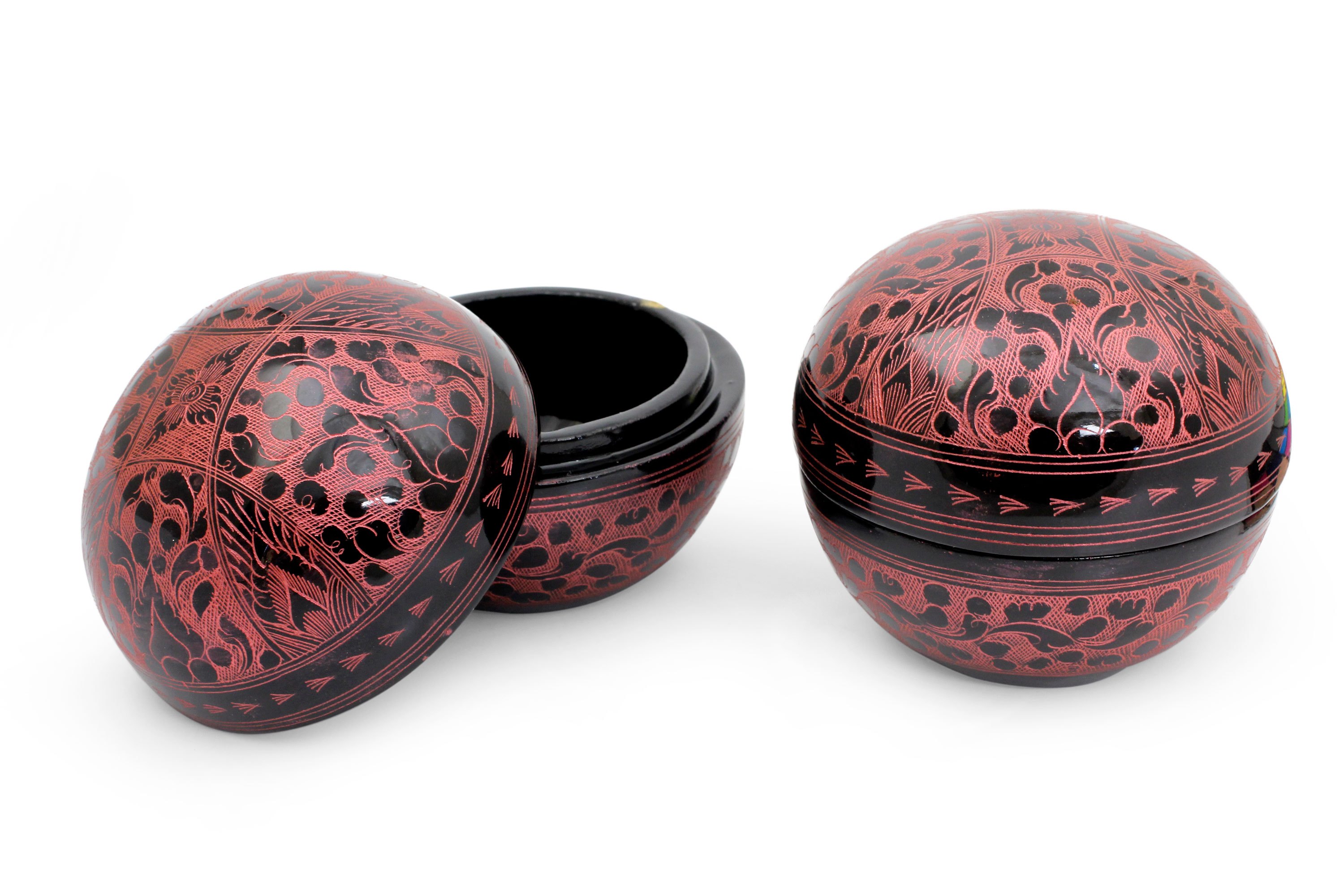 Handcrafted Lacquered Wood Round Decorative Boxes (Pair) Pink