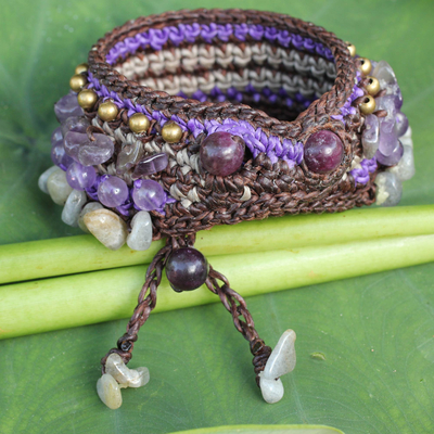 Amethyst and labradorite wristband bracelet, 'Orchid Bower' - Thai Artisan Crafted Crocheted Amethyst Labradorite Bracelet