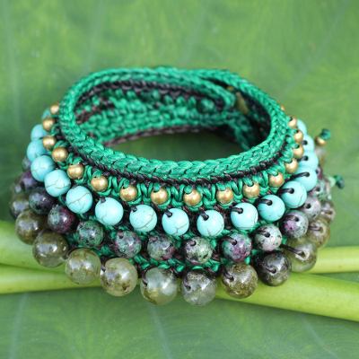 Ruby zoisite and prehnite wristband bracelet, 'Sweet Moss' - Thai Artisan Crafted Crocheted Zoisite and Prehnite Bracelet