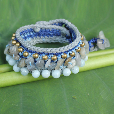 Aquamarine and labradorite wristband bracelet, 'Cool Sea' - Artisan Crafted Crocheted Aquamarine Labradorite Bracelet