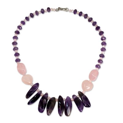 Amethyst and rose quartz beaded necklace, 'Mystical Romance' - Hand Crafted Rose Quartz and Amethyst Necklace