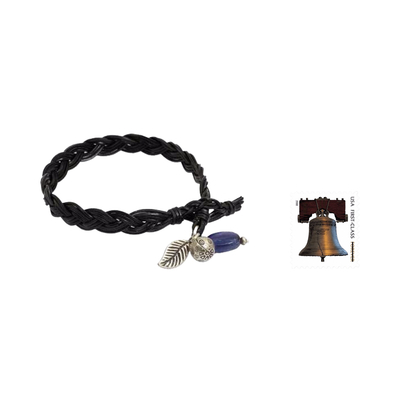 Kyanite and leather braided bracelet, 'Joyous Nature' - Braided Leather and Kyanite Bracelet with Hill Tribe Silver
